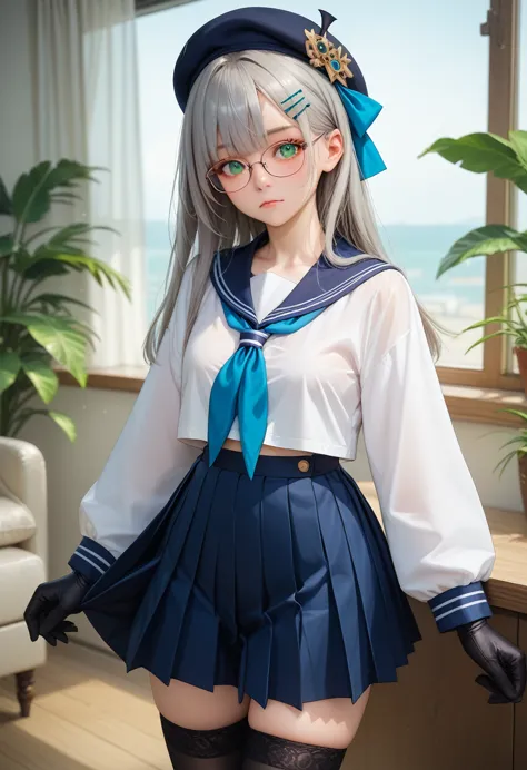 neondef, green eyes, grey hair, bangs, long hair, glasses, hair bow, hairclip, beret, blue sailor collar, blue neckerchief, whit...