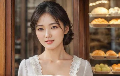 instagram photo, 40 y.o, breathtakingly beautiful korean japanese woman, eyes sparkling with joy, she stands at a vintage bakery...