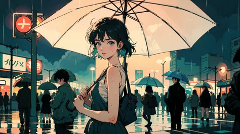 1980s anime style: rainy tokyo train platform. a lone 21-year-old woman stands out, holding a transparent umbrella, gently turni...