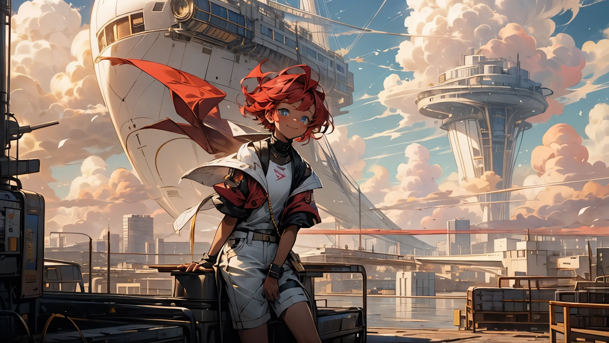 girl１people,Futuristic buildings,A golden airship flying in the sky,Blue sky,Flowing Clouds,sit,Looking up at the sky in the distance,Short Hair,Shortcuts,Red hair color,Blue Eyes,11 years old,boyish,Asian people,smile,Primary school students,Sunburned skin,Being thin,freckles,White shorts,White tank top,Red jacket,Low position、