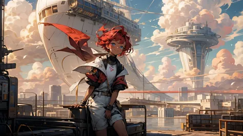 girl１people,futuristic buildings,a golden airship flying in the sky,blue sky,flowing clouds,sit,looking up at the sky in the dis...