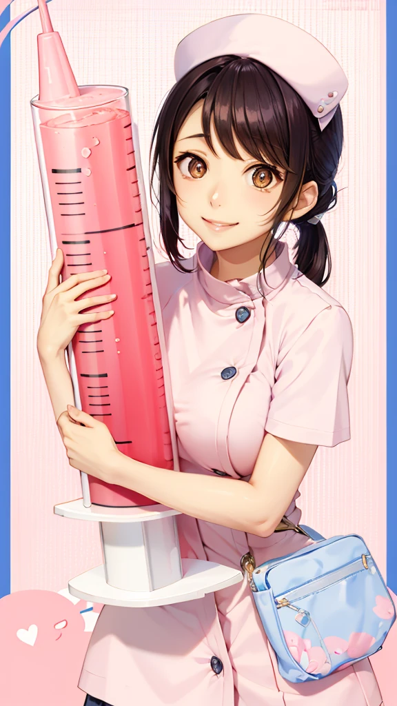 perfect beauty girl, oily skin, random Breast size、random hair style、random hair color,nurse uniform
nurse cap, crazy eyes, mismatched pupils, smile, anime style, retina,hug a large syringe, heart