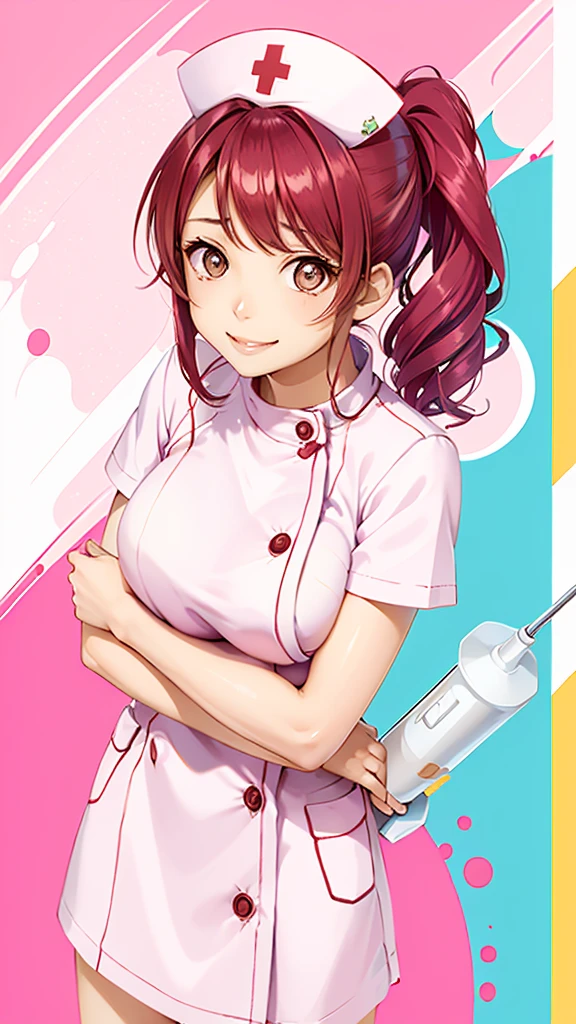 perfect beauty girl, oily skin, random Breast size、random hair style、random hair color,nurse uniform
nurse cap, crazy eyes, mismatched pupils, smile, anime style, retina,hug a large syringe, heart