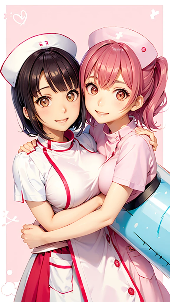 perfect beauty girl, oily skin, random Breast size、random hair style、random hair color,nurse uniform
nurse cap, crazy eyes, mismatched pupils, smile, anime style, retina,hug a large syringe, heart