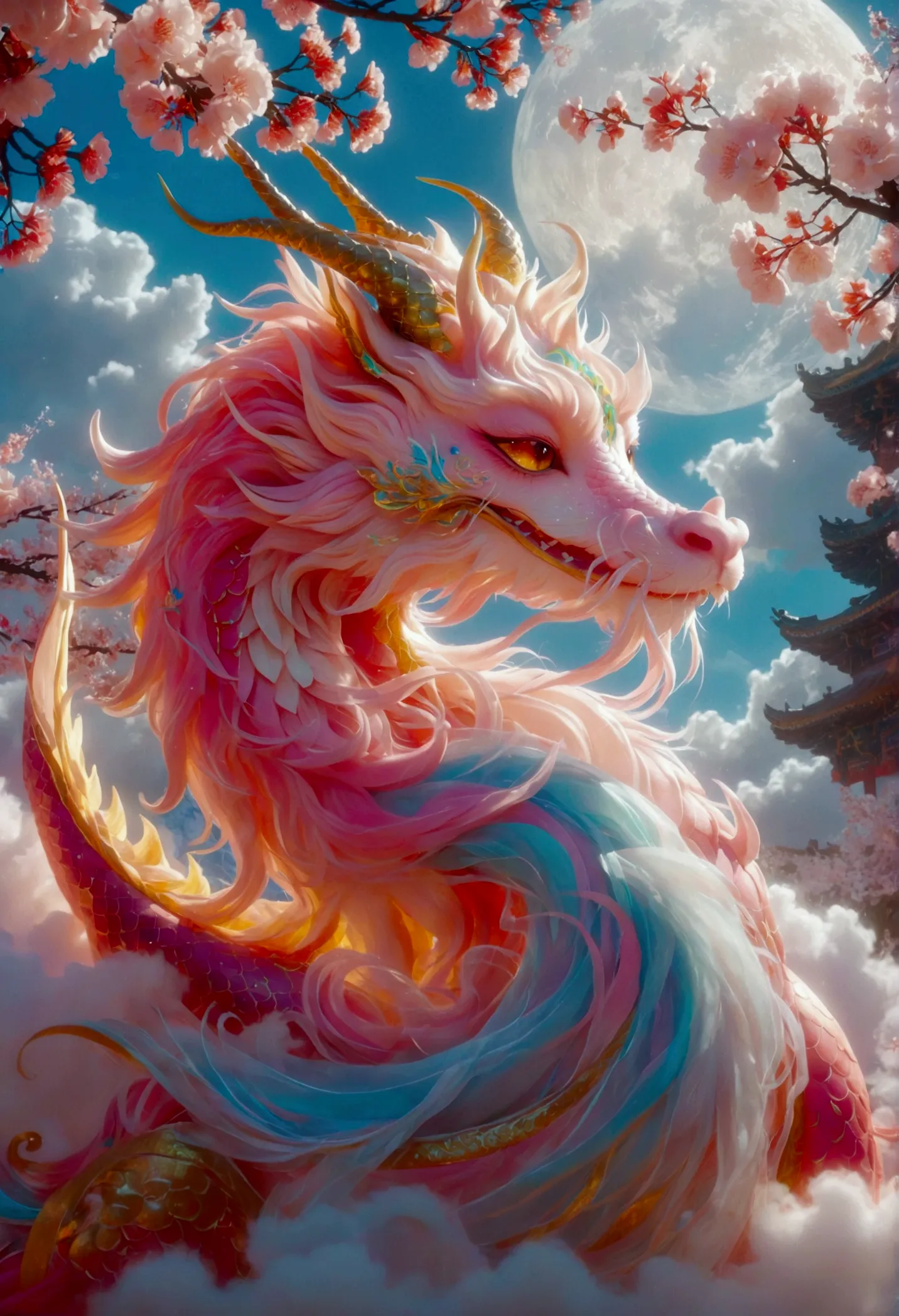 [vision:1.0]，[wide angle:1.0]，dragon sleeping on clouds, translucent glass brush, sakura and gold style, anime aesthetics, furry...