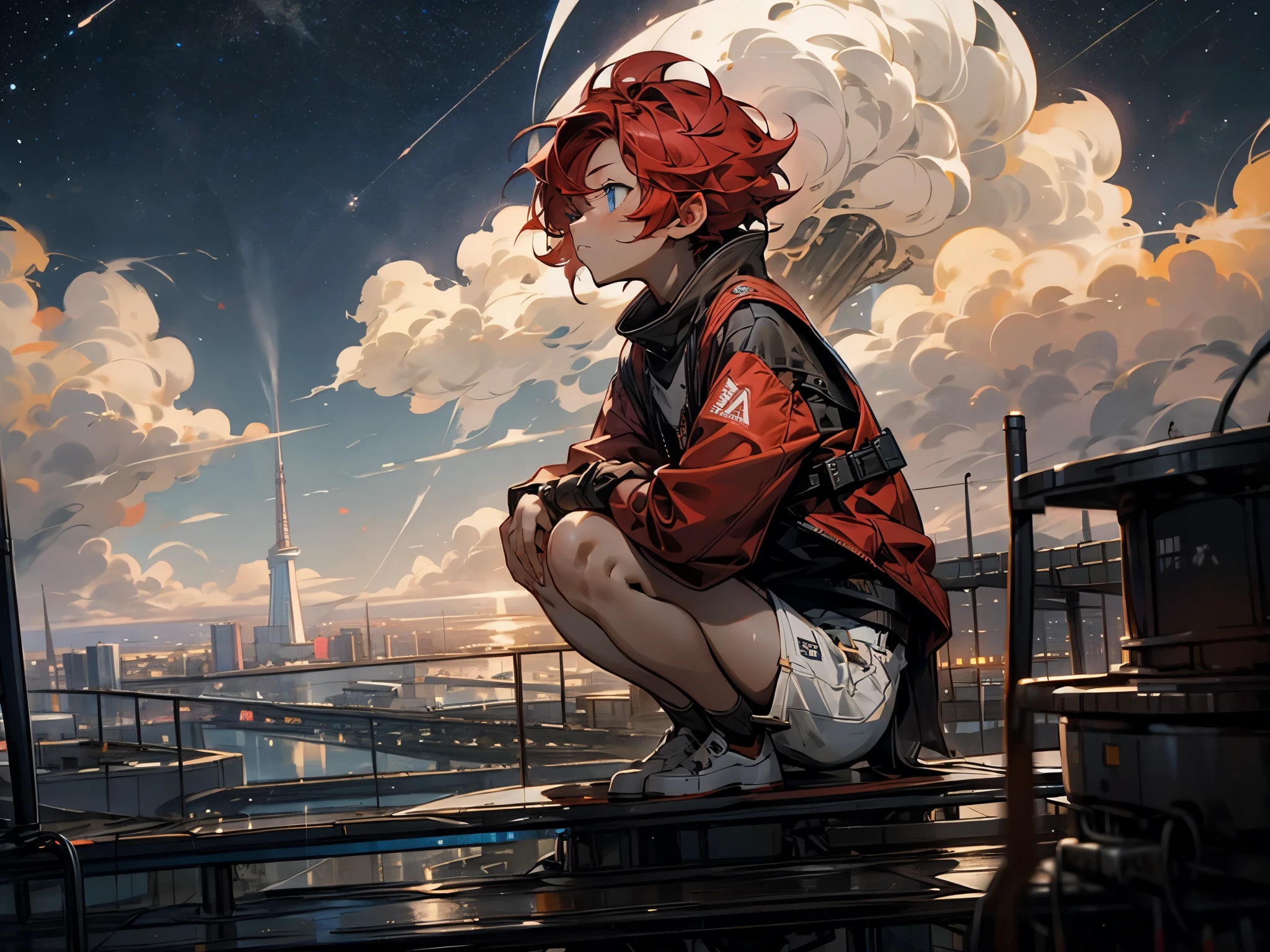 １people、Futuristic Building、Whales flying in the sky、night、night景、Starry Sky、sit、Looking up at the sky in the distance、short hair、Shortcuts、Red Hair Color、blue eyes、11 years old、boyish、アジアpeople、Primary school students、Sunburned skin、Are thin、freckles、White shorts、White tank top、Red jacket、Low position、