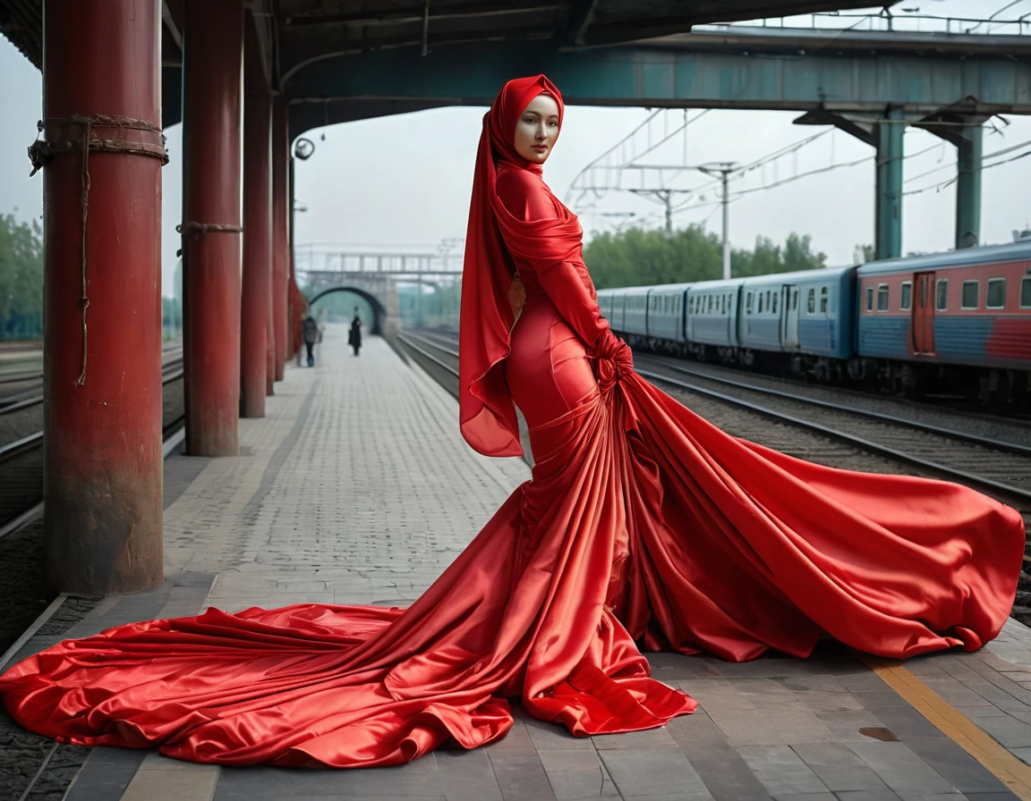 A rusian woman shrouded in a 10-meter-long, plush red satin cloth, tightly bound and grandly draping along the form of her body, flowing off into a pooled floor-length train, styled in a mermaid-inspired outfit, her head modestly veiled in a satin hijab, tall woman, outdoor, a full-body pose conveying a sense of mysterious elegance, captured in a 4k resolution, ultra-realistic