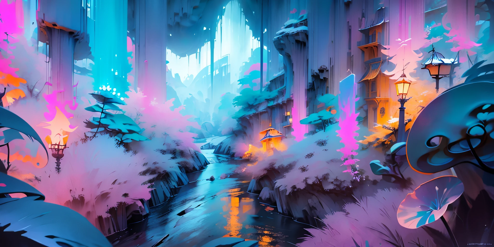 Dessinez un poster d'un village, dans le style lofi, décoration féérique, cascade de lumière, grotte, stalagmites, stalactites, champignon, cristaux, la nuit, belle palette de couleurs varié, couleurs saturées vibrantes, œuvre d'art, aucun humain, thème lumineux.
