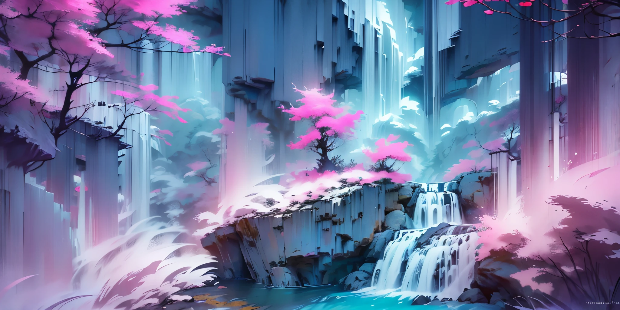 Dessinez un poster d'un village, dans le style lofi, décoration féérique, cascade de lumière, grotte, stalagmites, stalactites, champignon, cristaux, la nuit, belle palette de couleurs varié, couleurs saturées vibrantes, œuvre d'art, aucun humain, thème lumineux.
