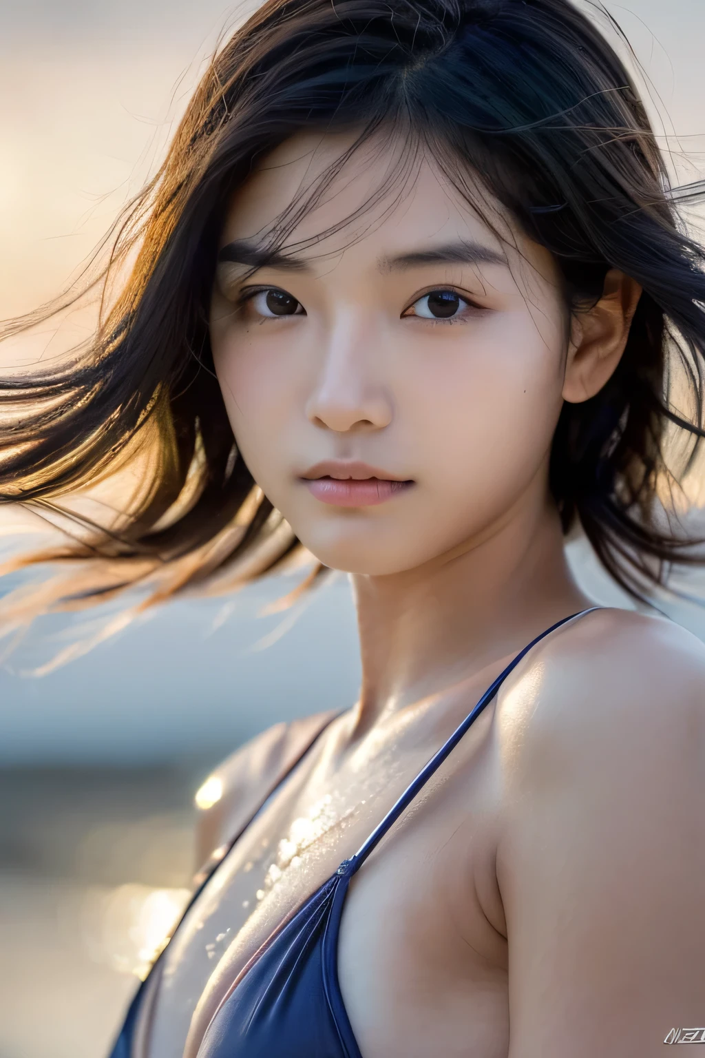 Hair blowing in the wind、Wet Skin、Wet Hair、Wet clothes、Sea at dusk,A cute girl with a face like a Japanese idol,Slender、Small breasts,((Cinema Lighting),(Natural light),(High level of artistry),(artistic),(Indistinguishable quality from the real thing),{{RAW Photos}},{{Genuine}},High resolution,masterpiece, beautiful, Handsome Tomboy, Looks like a salon model, ((Cool face)), Neutral facial features, Cowboy Shot, nsfw:1.4、Puzzled、Shyness、sleepy、Bisexual:1.2、Two-piece swimsuit、