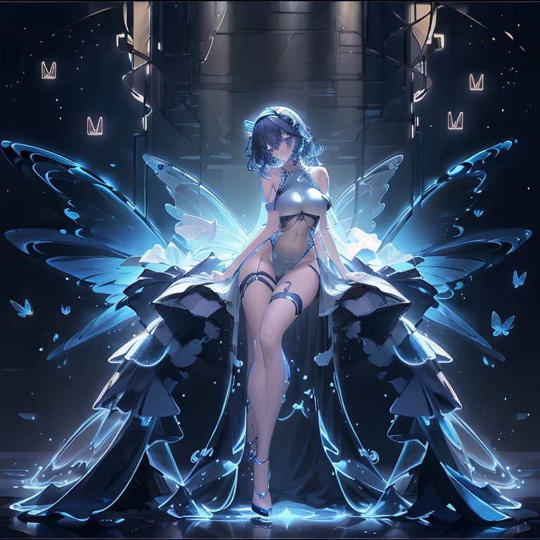 Lots of blue butterflies、Background Black、Line art、Neon LightThe overall look is dark，Blue glow, Glowing Blue, Glowing Details!, Glowing Aesthetics, Shining with Magical Light, White Glowing Veins, Glowing Details, Shimmering with Colorful Lights, Bioluminescent Skin!, with Glowing Blue lights, anime characters; full body art, Glow effect, Luminous veins, Blue light. fantasy, A cartoon girl in a glowing outfit sits on the ground. The neon on her body is the light source.
