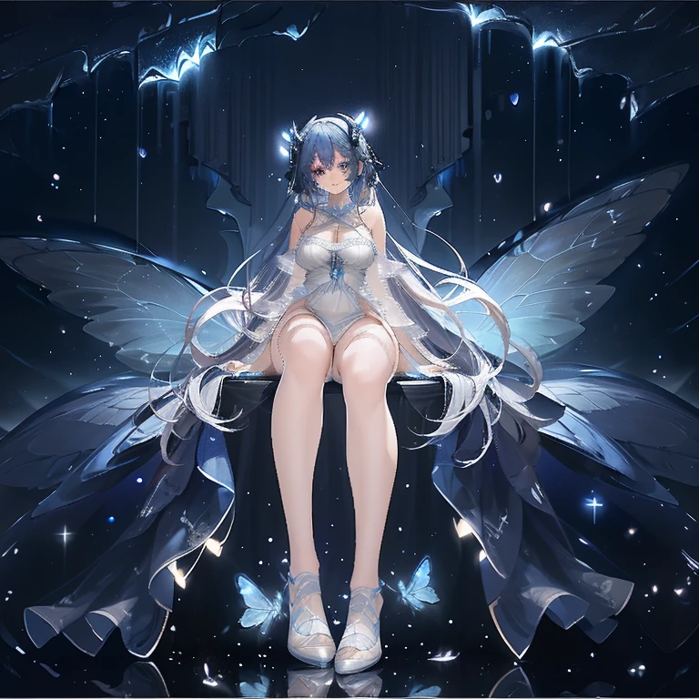 Lots of blue butterflies、Background Black、Line art、Neon LightThe overall look is dark，Blue glow, Glowing Blue, Glowing Details!, Glowing Aesthetics, Shining with Magical Light, White Glowing Veins, Glowing Details, Shimmering with Colorful Lights, Bioluminescent Skin!, with Glowing Blue lights, anime characters; full body art, Glow effect, Luminous veins, Blue light. fantasy, A cartoon girl in a glowing outfit sits on the ground. The neon on her body is the light source.
