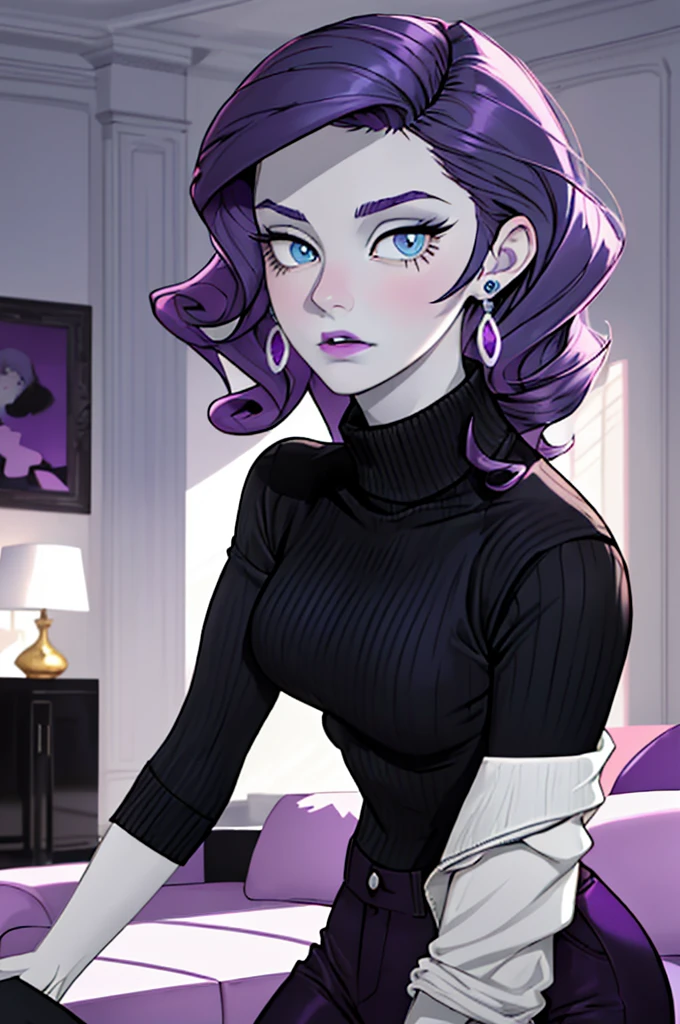 woman, blue eyes, pale skin, curly purple hair, wearing turtleneck, black pants, earrings, looking at camera, suprised expression, indoors, living room, instagram pose, comfy room, hot colors, bright lighting, moody ambiance, 