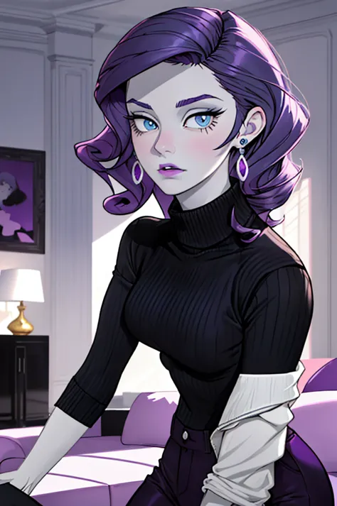 woman, blue eyes, pale skin, curly purple hair, wearing turtleneck, black pants, earrings, looking at camera, suprised expressio...