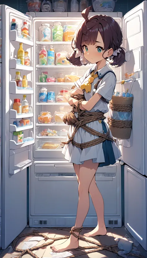 junior high school，girl，barefoot，rope binding，constraints，sm, refrigerator