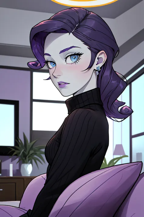 woman, blue eyes, pale skin, curly purple hair, wearing turtleneck, black pants, earrings, looking at camera, suprised expressio...