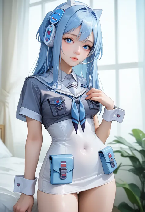 shifty, blue eyes, blue hair, two side up, long hair, hair ornament, animal ear headphones, headset, sailor collar, button badge...