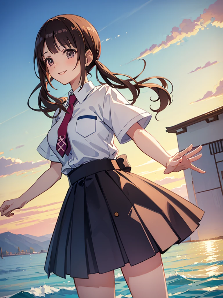 ((Highest quality,masterpiece)),(16K,Ultra-high resolution,Super detailed)1girl, 独奏,Okitasawa opens his mouth and smiles happily., Low twintails that reach down to the shoulders,white shirt, short sleeves, red necktie, blue skirt,The Japanese summer coast in the evening,Highly detailed facial features, Beautiful and perfect face, Perfect Eyes,walking on water,Splashing water effects,A clear, beautiful sea,A vibrant sunset,Anatomically correct body,Perfect lighting,Perfect Shadow,
