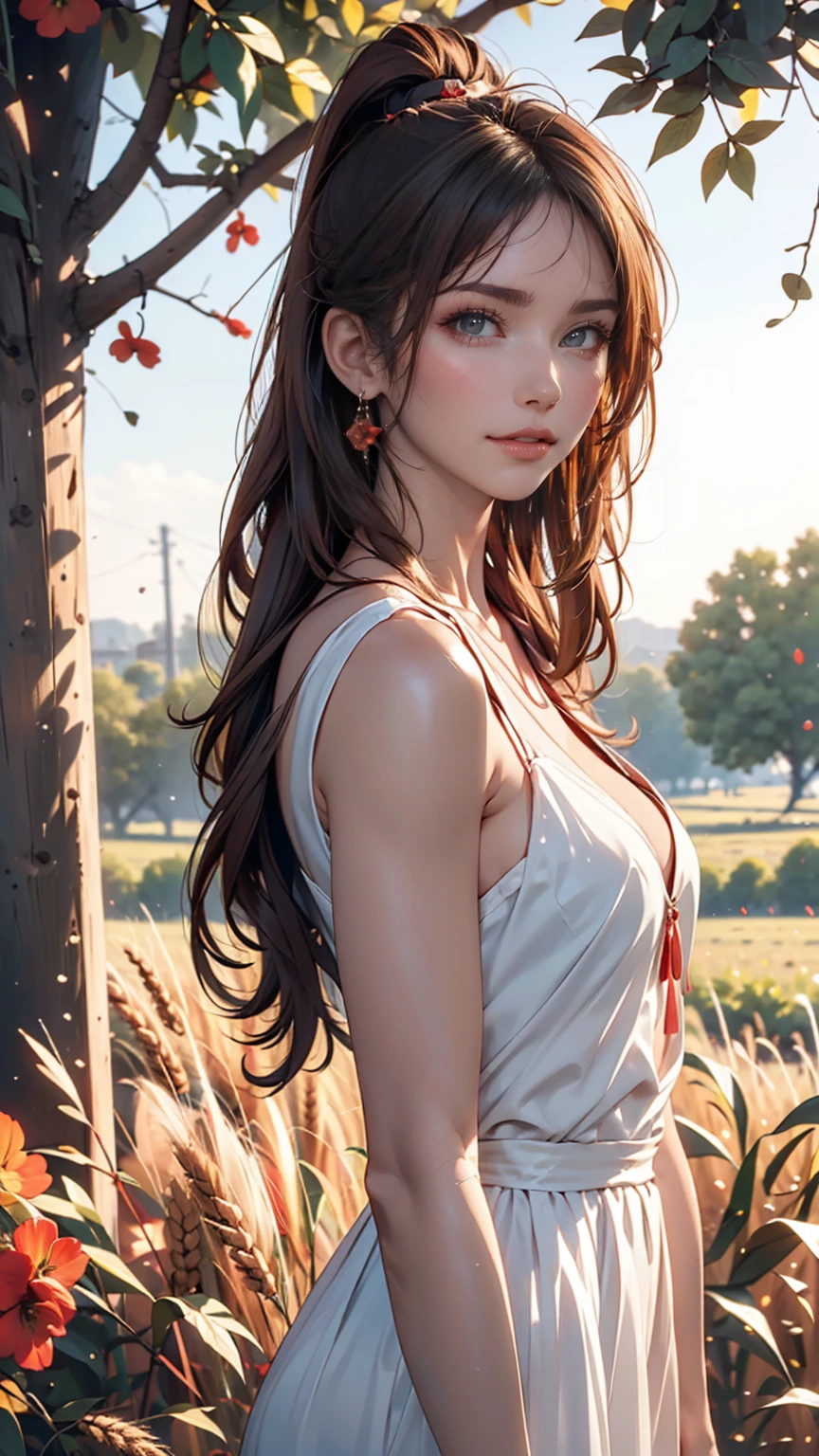 (masterpiece:1.4),, (Highest quality:1.4),, Ultra-high resolution,, 8k, CG,, (Very delicate and beautiful:1.2),, , Upper Body,, From the side,, View your viewers,, , One girl,, alone,, Fashionable Girl,, mature,, , cute, sweet,, , In the wheat field,, Blurred Background,, , Long brown hair,, ponytail,, , Brown eyes,, Mouth closed,, Red lips,, , Face blown by the wind,, , White Dress,, Medium chest,