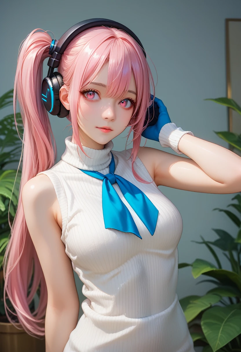 ppprdf, pink eyes, pink hair, long hair, sidelocks, side ponytail, headphones, breasts, blue neckerchief, white vest, sleeveless, white sweater, turtleneck sweater, ribbed sweater, sweater dress, two-tone gloves,9,score_8_up,score_7_up,masterpiece,best quality,perfect anatomy,very aesthetic,official art,8k,shiny_skin,fair_skin,white_skin, Идет по Улице с Улыбкой
