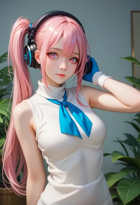 ppprdf, pink eyes, pink hair, long hair, sidelocks, side ponytail, headphones, breasts, blue neckerchief, white vest, sleeveless...