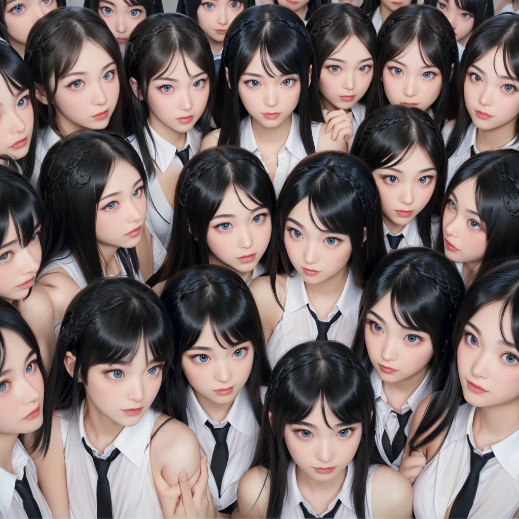 (Perfect Clone girls Photography Art), (16K, Highest quality, Ultra-high resolution, Realistic), (Japanese, Female college student, 20-year-old), (((((Small face, (((((Thick black hair, Semi-long hair)))))))))), ((Beautiful detailed girls, Accurate body structure, Very detailed body, ((((Big Breasts, J-Cup))), Emphasis on the fullness of a large chest))), ((Cute expression, A gentle gaze)), (((((Happy smile))))), (((((Very detailed, 1girl-cloning))))), (((100girls), (6+girls), )multiple girls))), (((A very perfect depiction of a doppelganger))), (((Very detailed, Perfectly the same girl, The exact same smile, Perfect same hair, Perfect same clothes, Perfect same J-cup))), (((((clone girls only))))), (10,000girls), (1,000,000girls), (1,000,000,000girls), (hug, Chest to Chest), (Full cleavage, Lesbian, kiss, Staring at each other, spoil), (1,000,000,000,000,000,000girls), ((The best super crowded, Super dense, Super crowded)), (Soft Light, super wide view, (((Very detailed perspective drawing))))