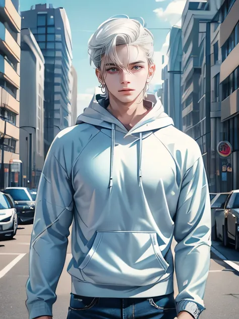 handsome man , white hair , very short hair, ((flat head hairstyle:1 )) , blue eyes , light skin , ((muscular:1)),male ,wearing ...