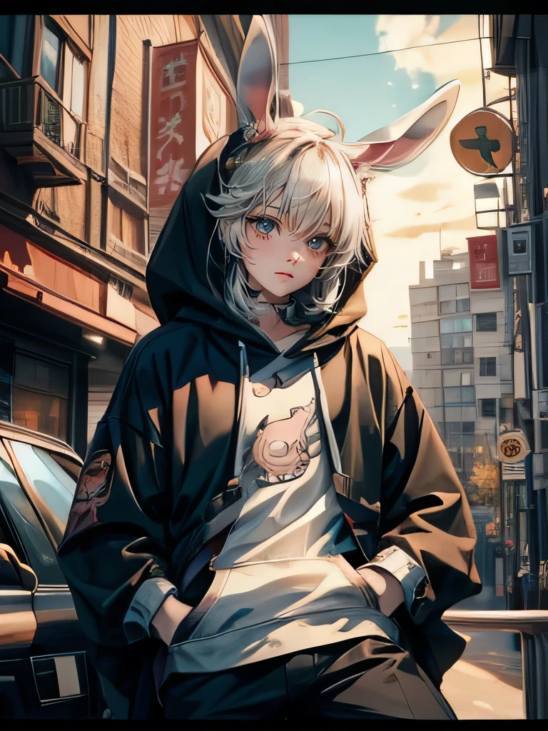 masutepiece,Best Quality,masutepiece,Best Quality, 8K, Beautiful bunny boy with floppy ears on his head, wearing a  over a hoodie, Looking at Viewer, naruto, 