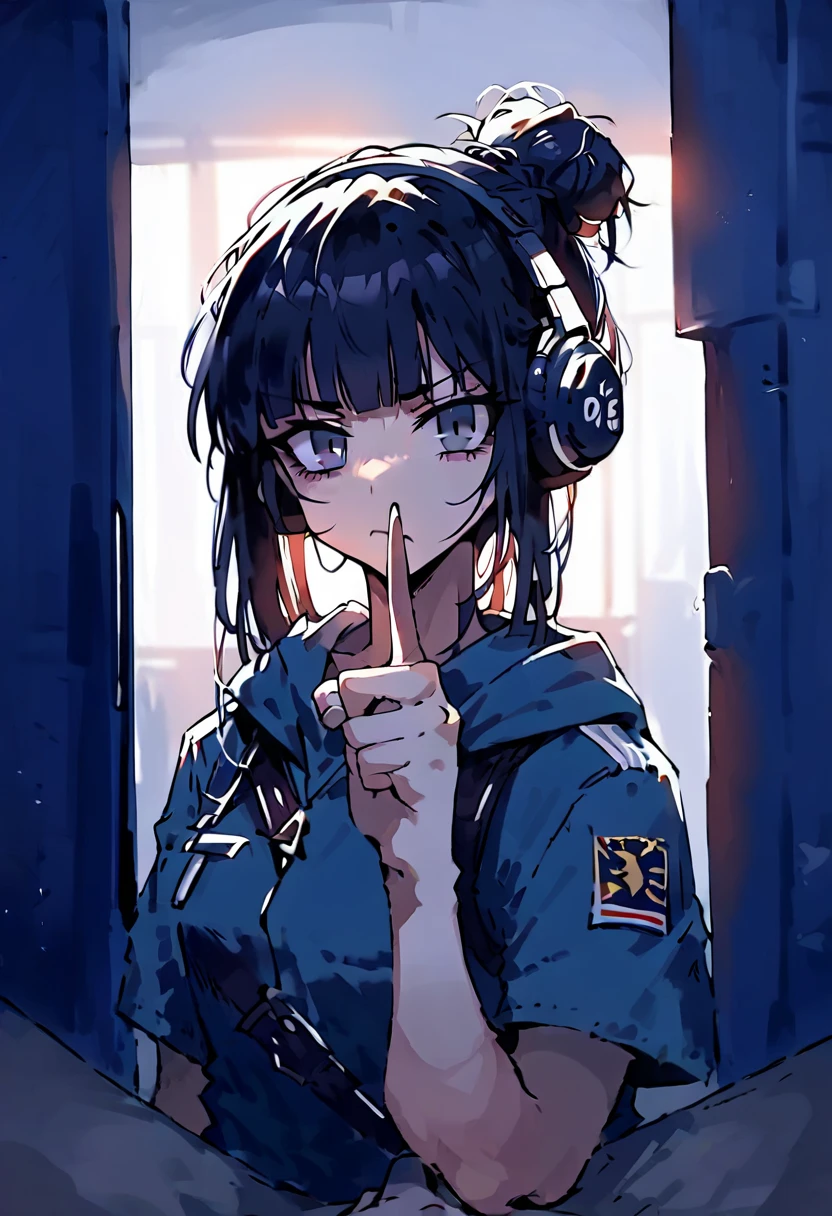 score_9, score_8_up,score_7_up, pov sitting atop of viewer cowgirl postion, steamy, female Special Ops in black tactical tight stealth, headphones, shushing gesture pointing finger, serious expression, messy bun with dark hair, low-key lighting, stealth, empty dark millitary base,