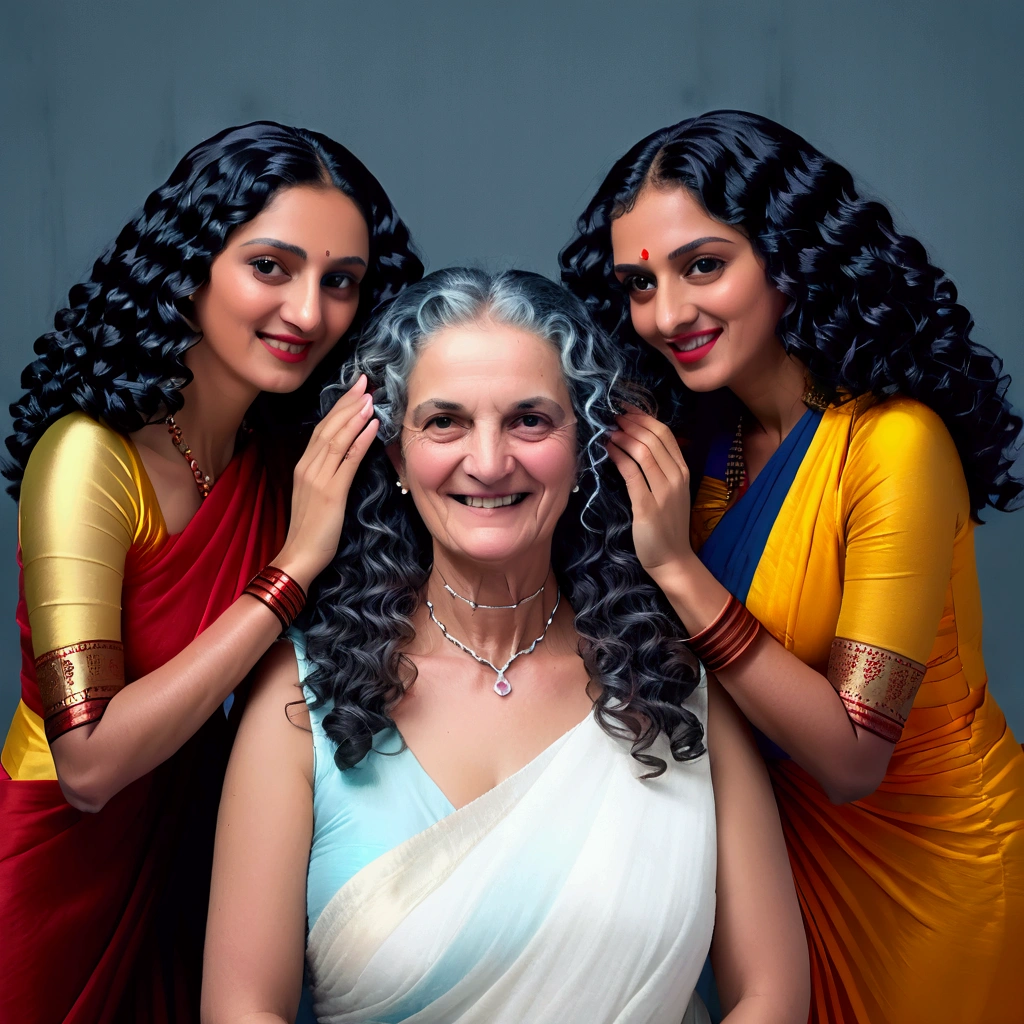 Indian mature 2 ladies with their 3c curly hairs(curly hair:2.0) licking:2.0 her their grandmother' 3c curly(curly hair:2.0) hair with their tongues out(1.2) exactly as per the image prompt,Their hairs also strickty exact as per the image prompt,Mature 3 ladies' 3c curly part of the hair flowing front through their shoulders strictly exact as per the image prompt,All three ladies faces generate strictly exact as per in image prompt with their intricate face details,Generate with strictly following and using exact detailing in image prompt