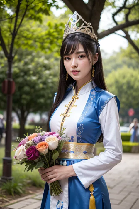 woman in blue and white dress with flowers in her hair., hanfu, palace, girl in hanfu, blue hanfu, white hanfu, wear ancient chi...