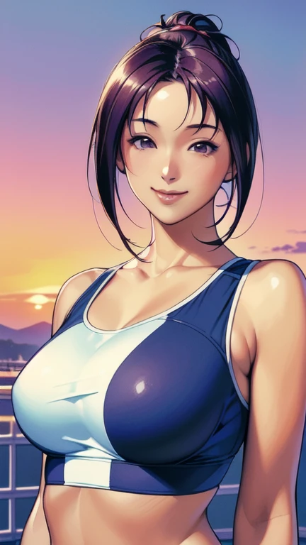 ((masterpiece, Highest quality, Highest quality, Official Art, beautifully、beautiful:1.2)),((masterpiece)),((Vibrant colors)),((Ayako Katagiri)),((幸せそうなsmile)),((smile)),((looks fun)),(((Plain sports bra))),(Seaside),(Big Breasts),(((Side bust))),(sunset),(Skin exposed),(Cool),(Track and field athlete)