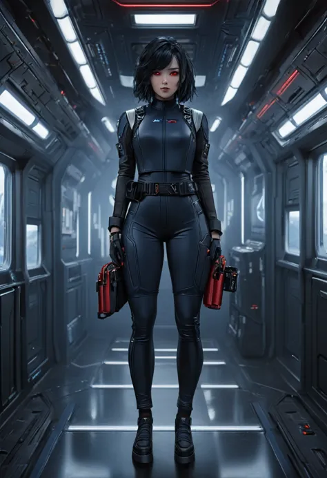 a female chiss with dark blue skin, black hair, and red eyes, wearing a black jumpsuit, tool belt, in a full body pose, standing...