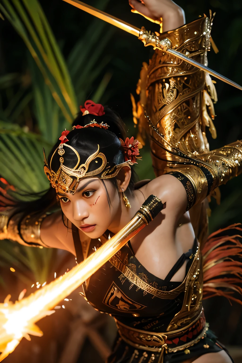 (best quality,4k,8k,highres,masterpiece:1.2),ultra-detailed,realistic,beautiful Indonesian woman warrior,expressive eyes,painted face,detailed warrior attire,intricate headdress,golden jewelry,dazzling sword,speaking power and strength,ancient traditions and culture,passionate and fearless fighter,commanding presence in the battlefield,mythical and mystical elements,rich colors of the Indonesian landscape,dramatic lighting,traditional Indonesian motifs,traditional weapons and armor,tribal markings on the body,graceful movements,warrior surrounded by lush tropical forest and exotic animals,embodying the spirit of the Indonesian warrior legends