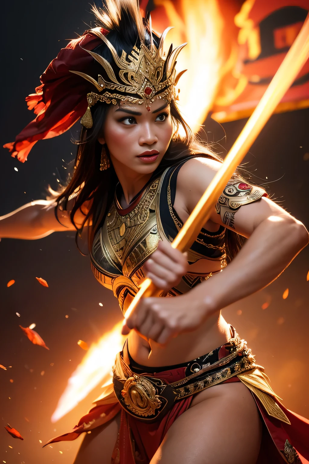 (best quality,4k,8k,highres,masterpiece:1.2),ultra-detailed,realistic,beautiful Indonesian woman warrior,expressive eyes,painted face,detailed warrior attire,intricate headdress,golden jewelry,dazzling sword,speaking power and strength,ancient traditions and culture,passionate and fearless fighter,commanding presence in the battlefield,mythical and mystical elements,rich colors of the Indonesian landscape,dramatic lighting,traditional Indonesian motifs,traditional weapons and armor,tribal markings on the body,graceful movements,warrior surrounded by lush tropical forest and exotic animals,embodying the spirit of the Indonesian warrior legends