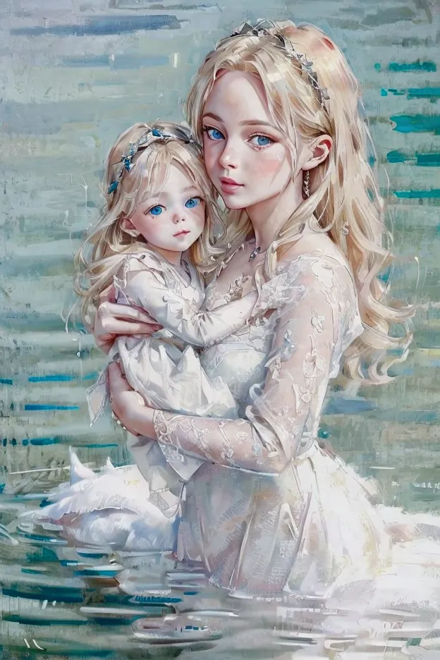 a 3 years old girl with her mother in a lake full of swans,1 blonde girl,ruby eyes,1 blonde woman,blue eyes,,mother and daughter...