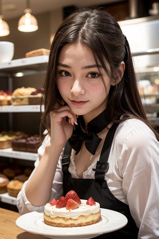 advertising photo, this is a cafe, 1 girl, 16-year-old face, Waitress carries cake to the table, red two tails, gentle face, a Gothic Lolita half-costume and a maid costume depicting strawberries, Clothes based on white color,