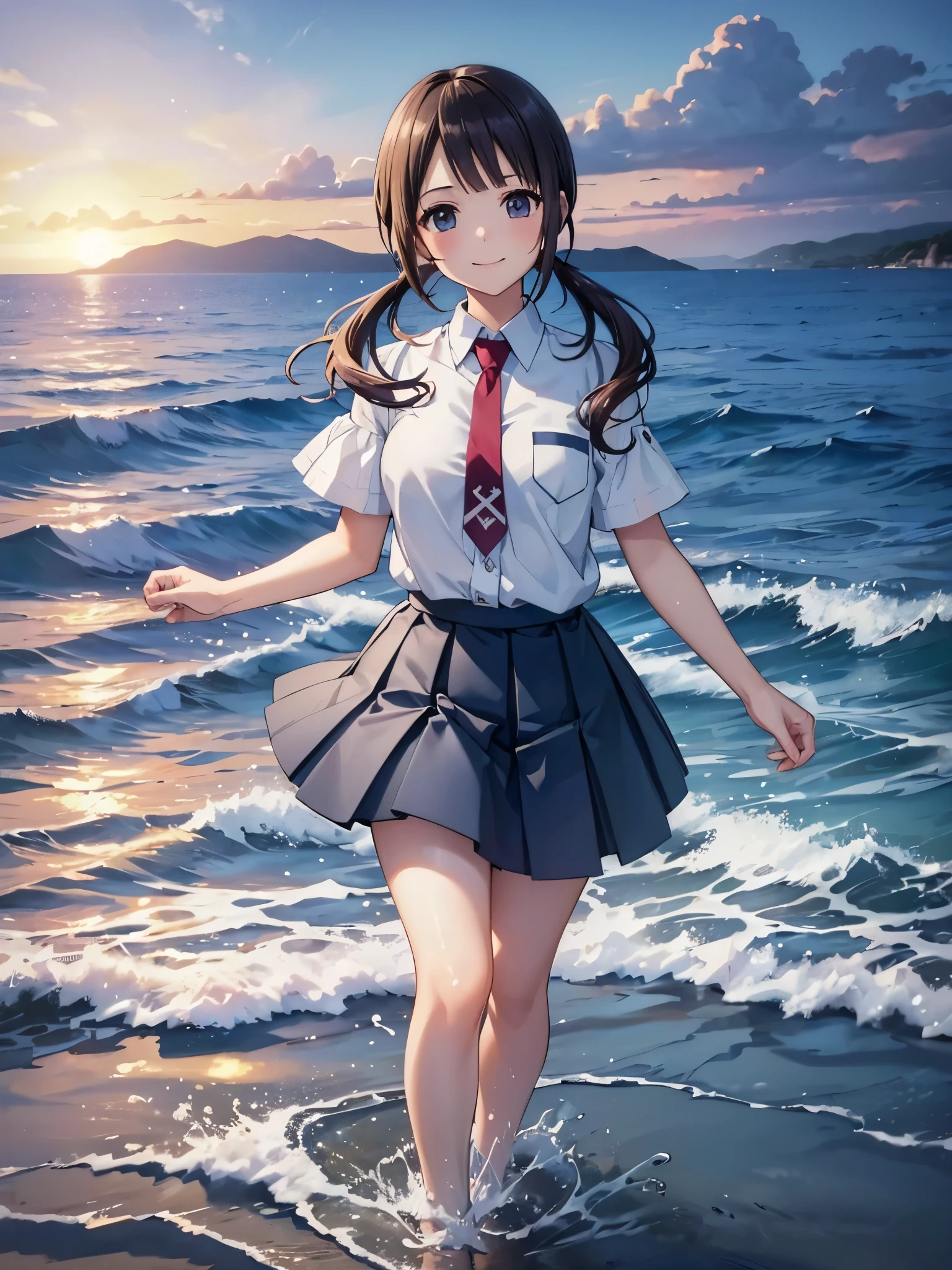 ((Highest quality,masterpiece)),(16K,Ultra-high resolution,Super detailed)1girl, 独奏,happy smileをするokitasawa, Low twintails that reach down to the shoulders,white shirt, short sleeves, red necktie, blue skirt,The Japanese summer coast in the evening,Highly detailed facial features, Beautiful and perfect face, Perfect Eyes,walking on water,Splashing water effects,A clear, beautiful sea,A vibrant sunset,Anatomically correct body,Perfect lighting,Perfect Shadow,