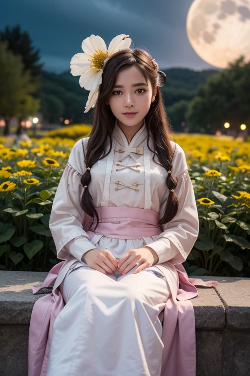 Best quality, high_Permission, distinct_image, detailed background ,girl, hanbok,flower,USA,moon, night,Dutch corner, wide shot, crown,  