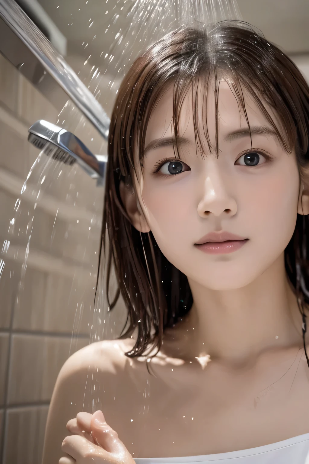 (Girl taking a shower:1.3), (Baby Face:1.2), (Highest quality:1.4), (Very detailed), (Very detailed美しい顔), naked, (Baby's physique:1.2), Great face and eyes, iris, (Flat Chest:1.5), (Skinny body type:1.5), (look up:1.5), (Face close-up:1.2), (From below:1.3), Hotel Bathroom, Hot water comes out from the ceiling, Smooth, Very detailed CG synthesis 8k wallpaper, High-resolution RAW color photos, Professional photography, Light, BackLight, dream-like, impressive, Written boundary depth