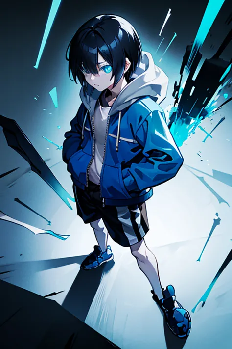 blue hoodie、short hair、zip-up、cool、put your hands in your pockets、the right eye is pitch black.、left eye glows blue、put on the h...