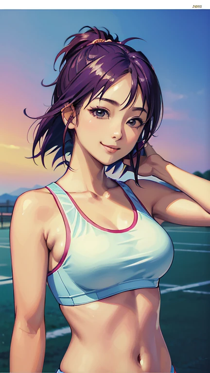 ((masterpiece, Highest quality, Highest quality, Official Art, beautifully、beautiful:1.2)),((masterpiece)),((Vibrant colors)),((Ayako Katagiri)),((幸せそうなsmile)),((smile)),((looks fun)),(((Plain sports bra))),(Seaside),(Big Breasts),(((Side bust))),(sunset),(Skin exposed),(Cool),(Track and field athlete)