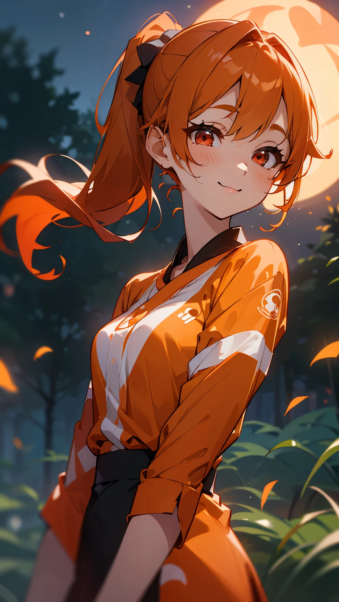 1 Young Woman、solo、Orange blouse shirt、Orange Hair、Side Ponytail、Beautiful red eyes、A gentle gaze、smile、Upper body close-up、Shrimp mascot、Delicate contours、Park under the moonlight、Background Blur