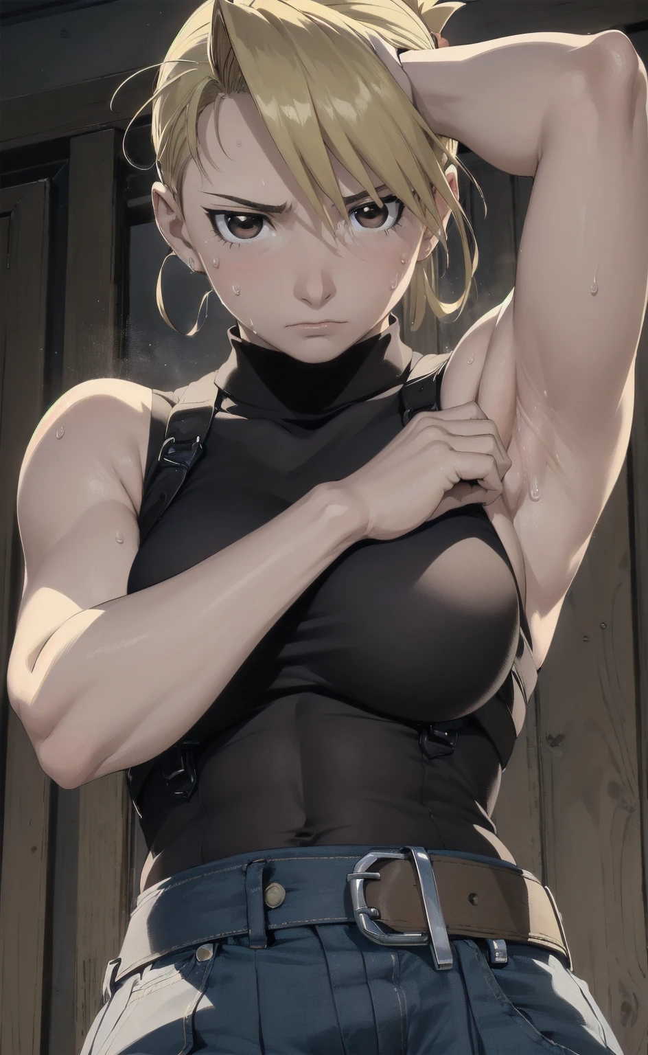 masterpiece, highest quality, High resolution, One Girl, Hamriz, ponytail, Brown eyes,big , Black Shirt, Tight shirt, holster, Short sleeve, belt, Covered navel, Blue pants,indoor、Upper body close-up、Muscular body、blush、Sweat、Composition from the front、anime、(((Close-up of a person、Raise your arms、Both armpits exposed、Sweat、Look forward)))