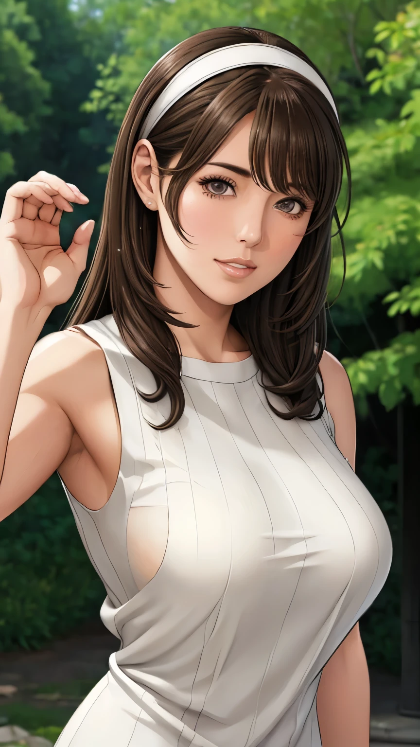 Nene Kasaki々、Shiny brown hair,  (Beautiful brown eyes、Sparkling eyes, fine grain)、smile、Very fine eye、Highly detailed face, Highly detailed eyes,


young woman、smile、((White horseshoe headband、Straight Long Hair))、blush、((masterpiece、High resolution、16K))、((Sleeveless white knit mini dress))、(Very close:1.5)、Fountain Square、Forest Park、(Focus on the upper body:1.5)、((Wave your hand))