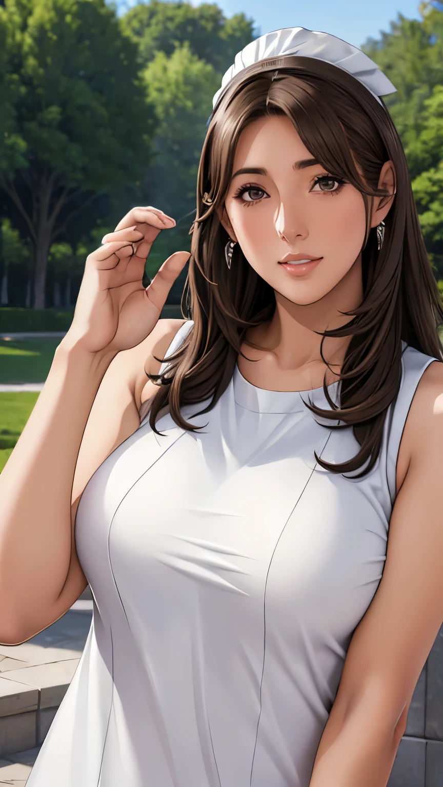 Nene Kasaki々、Shiny brown hair,  (Beautiful brown eyes、Sparkling eyes, fine grain)、smile、Very fine eye、Highly detailed face, Highly detailed eyes,


young woman、smile、((White horseshoe headband、Straight Long Hair))、blush、((masterpiece、High resolution、16K))、((Sleeveless white knit mini dress))、(Very close:1.5)、Fountain Square、Forest Park、(Focus on the upper body:1.5)、((Wave your hand))