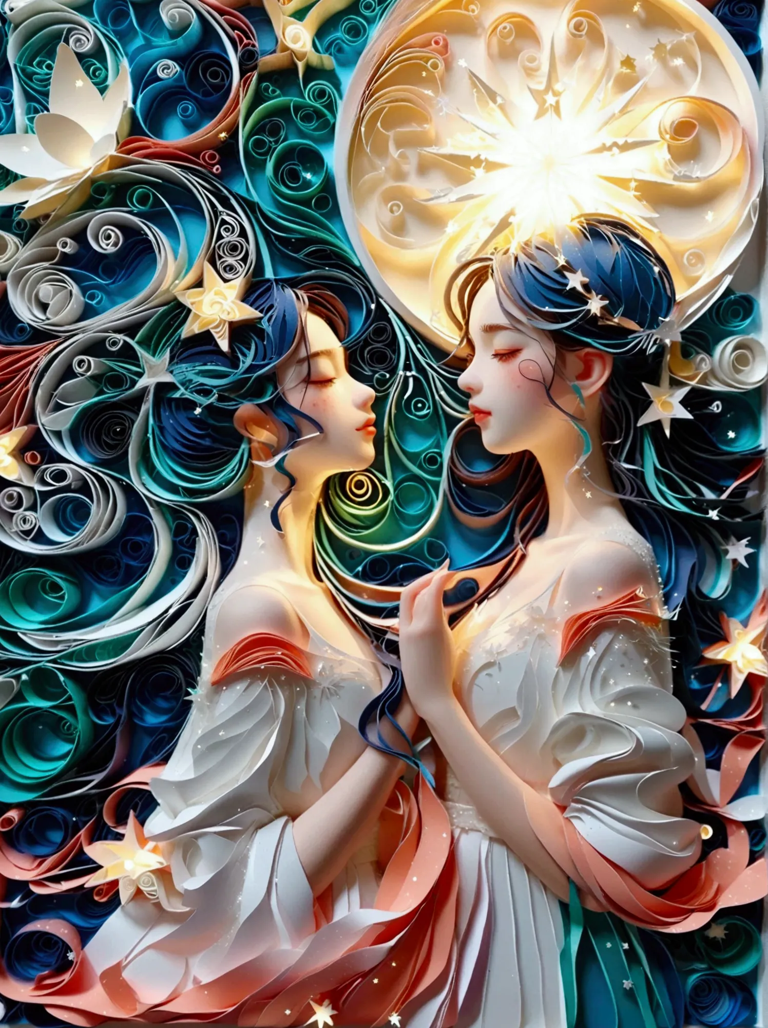 the moon and the north star and the starry sky made of paper quilling style multi dimensional, a girl in the center,a fluttering...