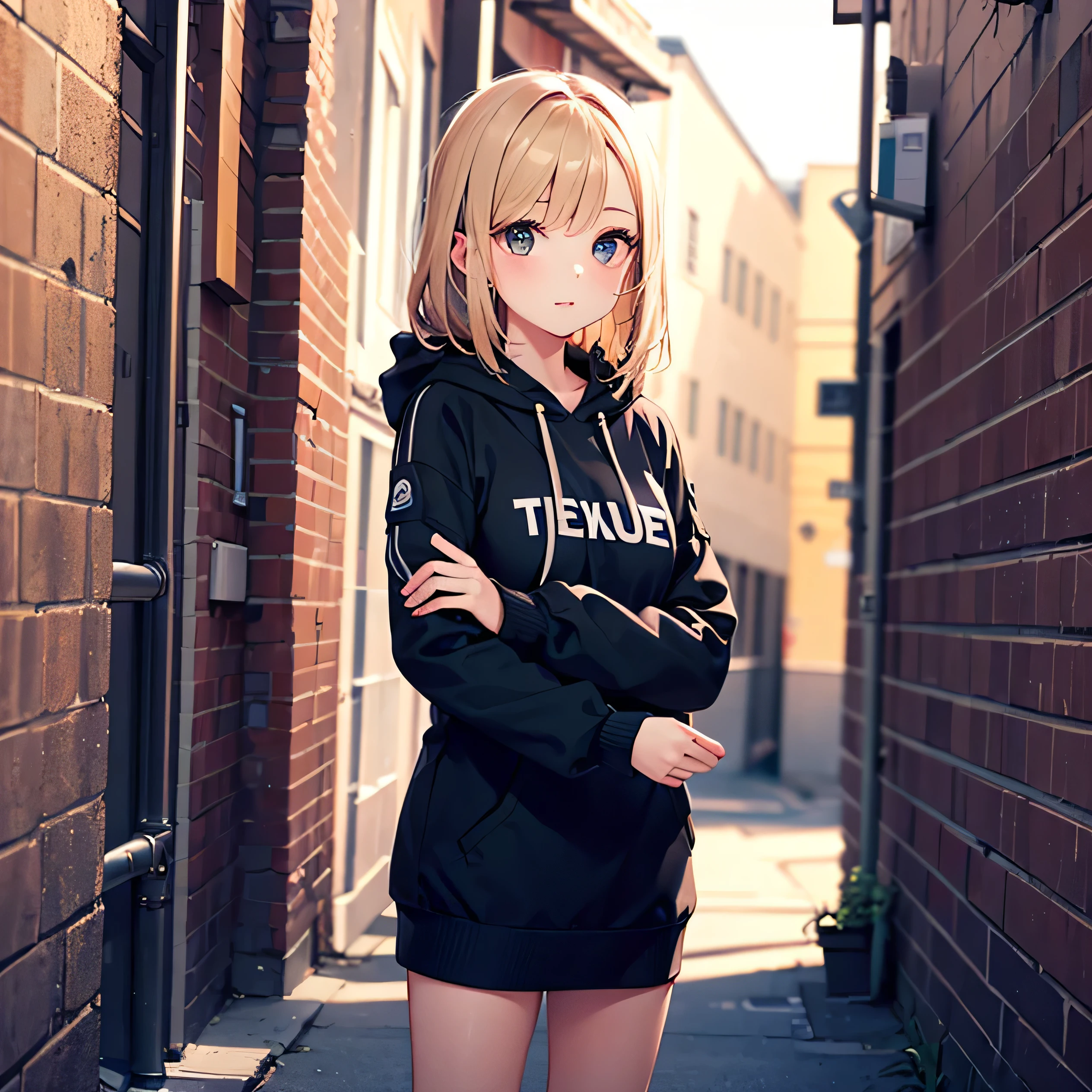 ((1 woman:1)),((beautiful eyelashes:1)), ((representative:1)), ((Front view:1)),((Wearing a techwear hoodie:1)),((Cyberworld:1)),((standing in the alley:1))