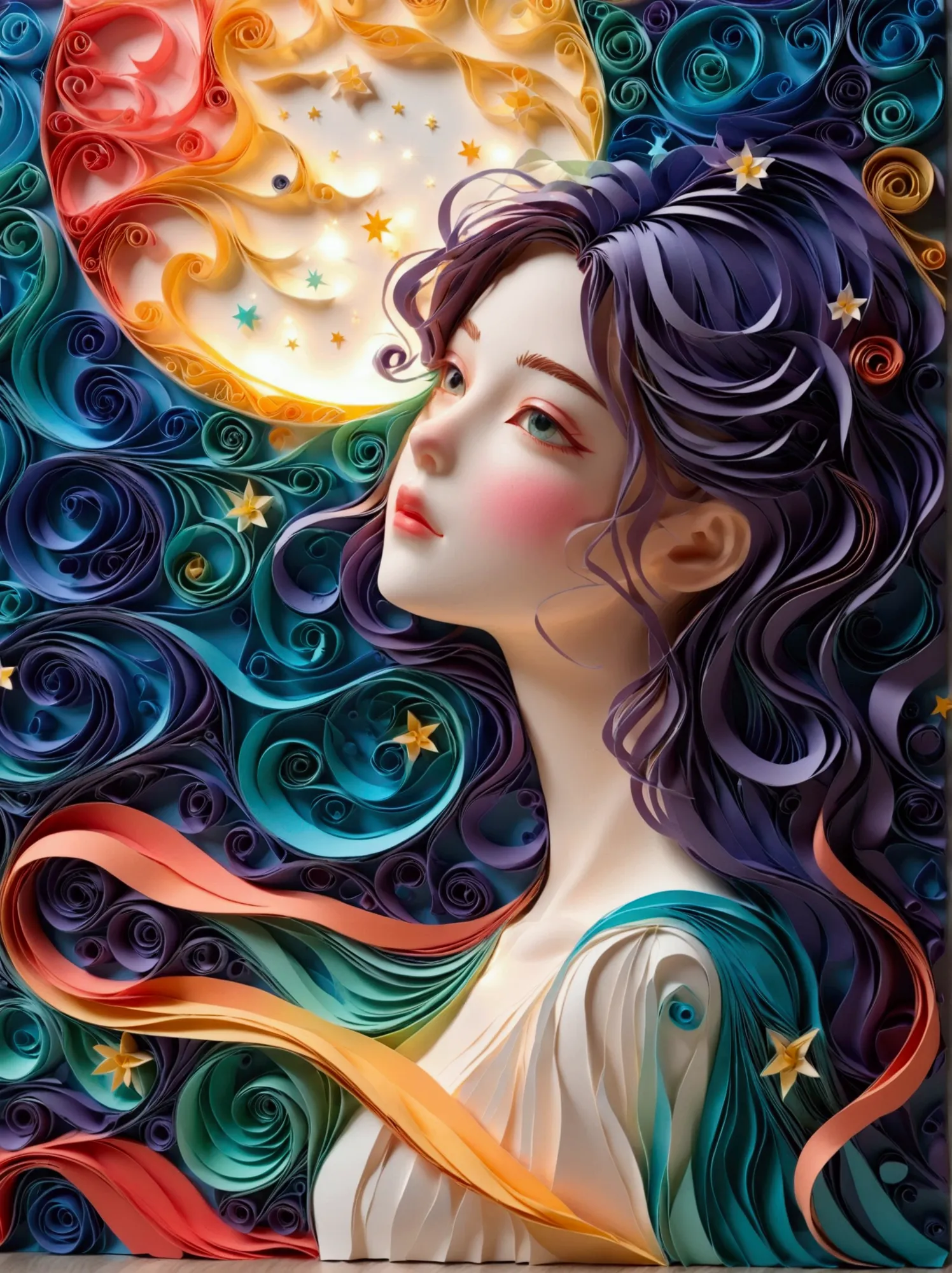 the moon and the north star and the starry sky made of paper quilling style multi dimensional, a girl in the center,a fluttering...