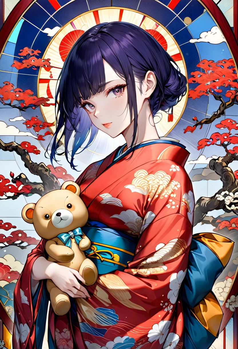 Ukiyo-e, Japanese painting, woodblock print, beautiful woman, attractive and seductive expression, superlative body proportion, wearing open colorful Japanese kimono, wariza, holding cute teddy bear, background stained glass, conceptual installation art, (ultra detailed, absolutely resolution, best quality:1.3), 2.5D, delicate and dynamic, artistic, hyper, graphic CG digital art